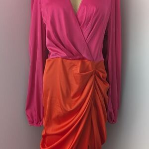 SHEIN Vibrant Pink and Orange Long Sleeve  Stretch Satin Dress